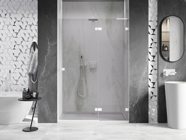 Mexen Lunar L, Otočné pravé sprchové dvere 130 cm, 8mm číre sklo, biely profil, 834L-130-000-20-00-P