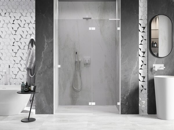 Mexen Lunar L, Otočné pravé sprchové dvere 130 cm, 8mm číre sklo, biely profil, 834L-130-000-20-00-P