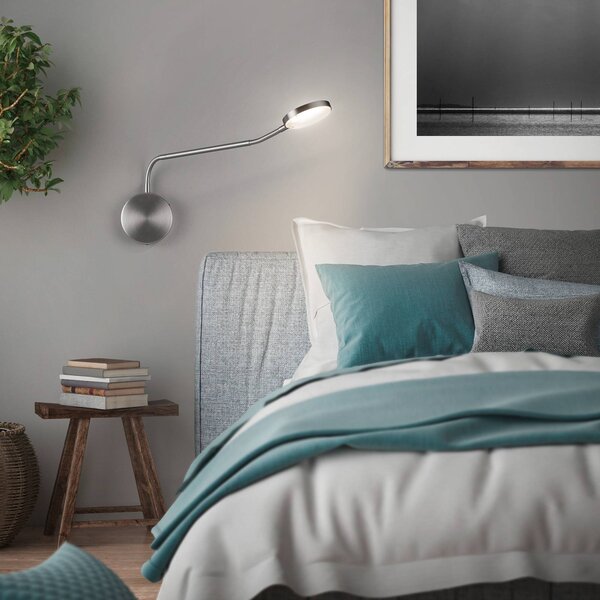 Knapstein LED nástenné svetlo Thea-W, ovládanie gestami, niklová, výstup 60 cm, Hliník / sivá / zinok, Obývacia izba / jedáleň, kov, Moderný, Svetlo na čítanie