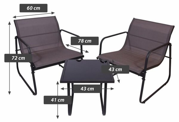 Záhradný relaxačný set stôl a 2 kreslá, oceľ, šedá