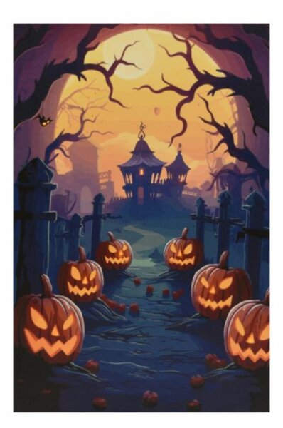 Nástenná maľba Pumpkin Cemetery, 9 LED diód, 60,5 x 40 cm