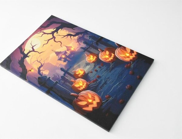 Nástenná maľba Pumpkin Cemetery, 9 LED diód, 60,5 x 40 cm