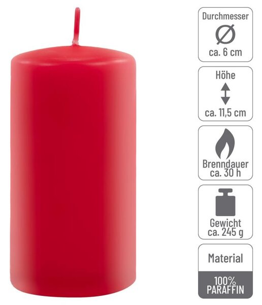 Sada stĺpových sviečok, 11,5 cm, Ø 6 cm, červená, 18 ks