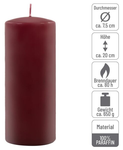 Sada sloupových svíček, 20 cm, Ø 7,5 cm, vínová, 2 ks