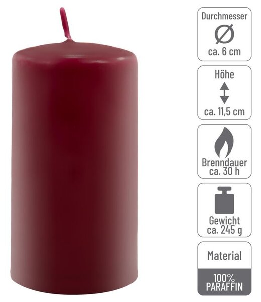Sada stĺpových sviečok, 11,5 cm, Ø 6 cm, vínová, 6 ks