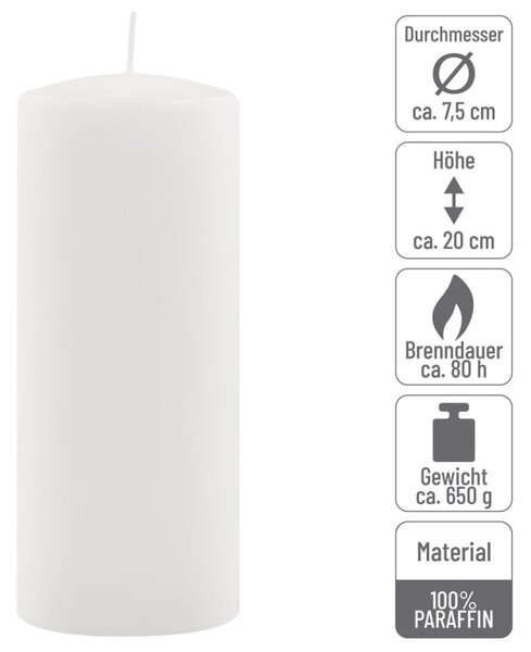Sada stĺpových sviečok, 20 cm, Ø 7,5 cm, biela, 2 ks