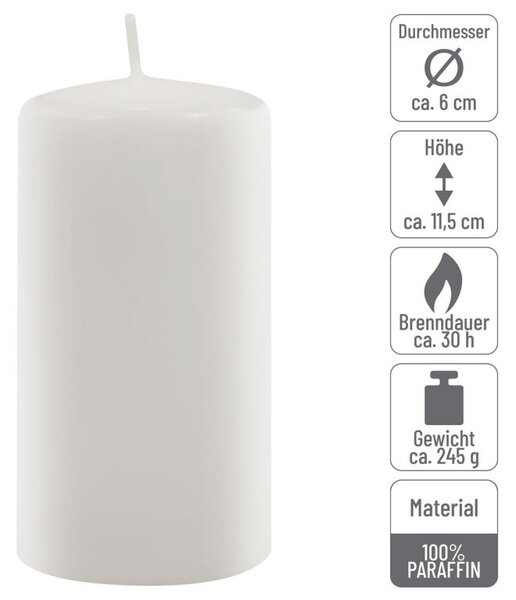 Sada stĺpových sviečok, 11,5 cm, Ø 6 cm, biela, 12 ks