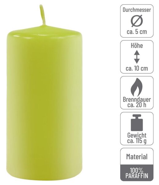 Sada stĺpikových sviečok, 10 cm, Ø 5 cm, svetlozelená, 16 ks