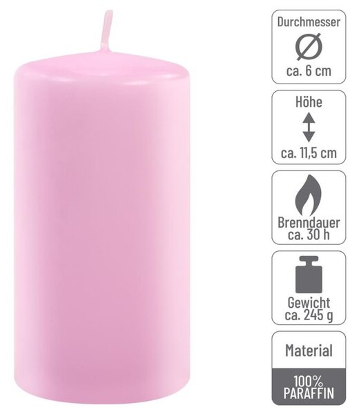 Sada stĺpových sviečok, 11,5 cm, Ø 6 cm, ružová, 6 ks