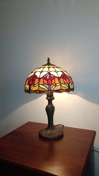 Tiffany stolná lampa TulipsRed 214 Huizhou Oufu Lighting v.48xš.30,sklo/kov,40W