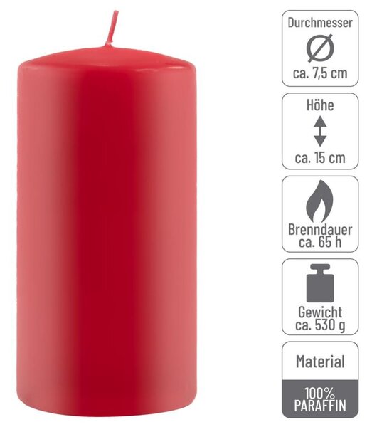 Sada stĺpových sviečok, 15 cm, Ø 7,5 cm, červená, 4 ks