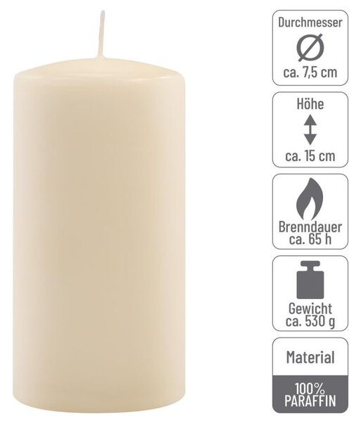 Sada stĺpových sviečok, 15 cm, Ø 7,5 cm, krémová, 6 ks