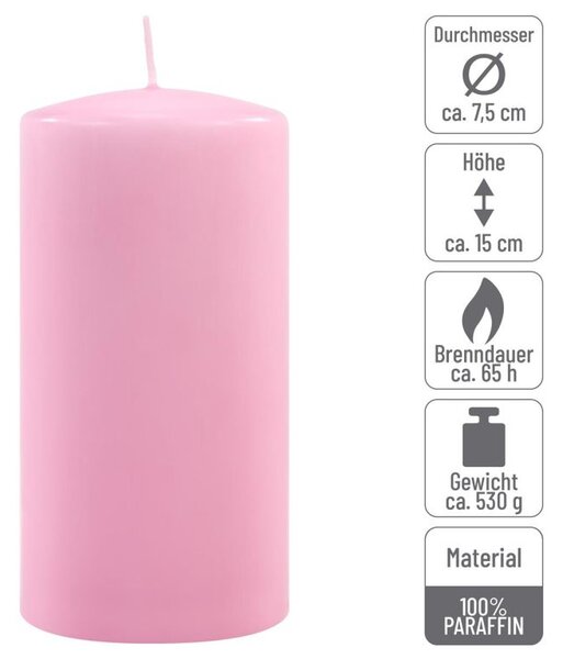 Sada stĺpových sviečok, 15 cm, Ø 7,5 cm, ružová, 4 ks