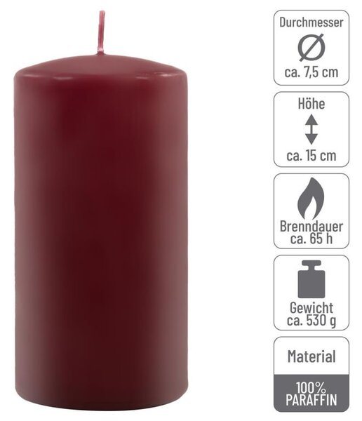 Sada stĺpových sviečok, 15 cm, Ø 7,5 cm, vínová, 4 ks