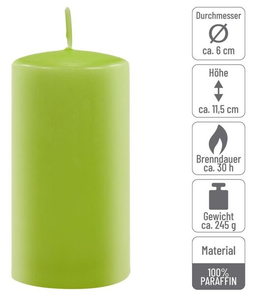 Sada stĺpových sviečok, 11,5 cm, Ø 6 cm, svetlozelená, 6 ks