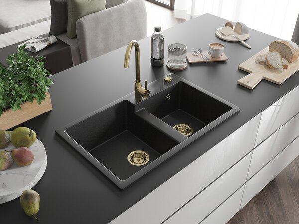 Mexen Tomas, granitový drez 800x500x190 mm, 2-komorový, čierna-strieborná metalíza so zlatým sifónom, 6516802000-73-G