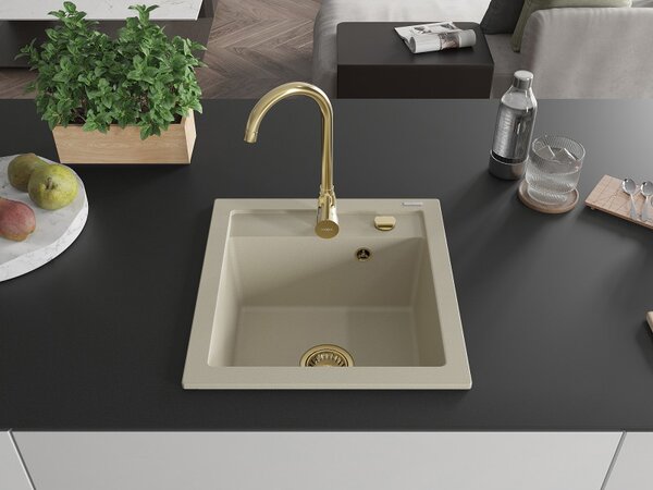 Mexen Vito, granitový drez 520x490x210 mm, 1-komorový, béžová so zlatým sifónom, 6503521000-69-G