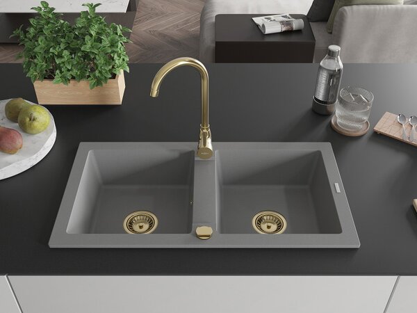 Mexen Mario, granitový drez 820x436x161 mm, 2-komorový, šedá so zlatým sifónom, 6504822000-71-G