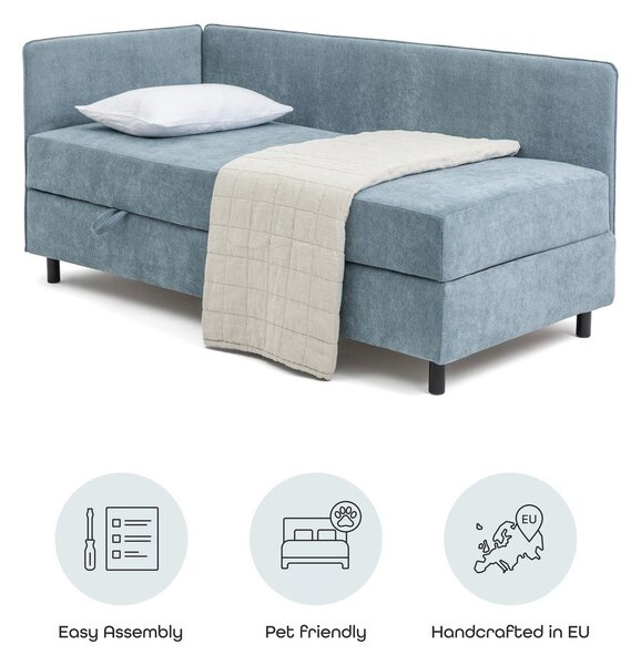 Modrá čalúnená jednolôžková posteľ s úložným priestorom s matracom 90x200 cm Avela – Selection