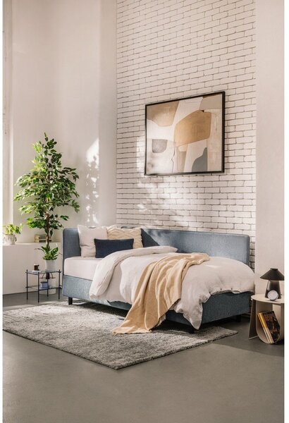 Modrá čalúnená jednolôžková posteľ s úložným priestorom s matracom 90x200 cm Avela – Selection