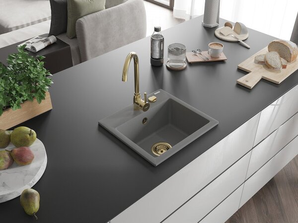 Mexen Milo, granitový drez 435x410x171 mm, 1-komorový, šedá so zlatým sifónom, 6505441000-71-G