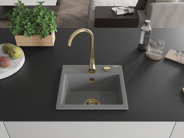 Mexen Milo, granitový drez 435x410x171 mm, 1-komorový, šedá so zlatým sifónom, 6505441000-71-G