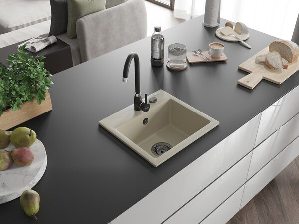 Mexen Milo, granitový drez 435x410x171 mm, 1-komorový, béžová s čiernym sifónom, 6505441000-69-B