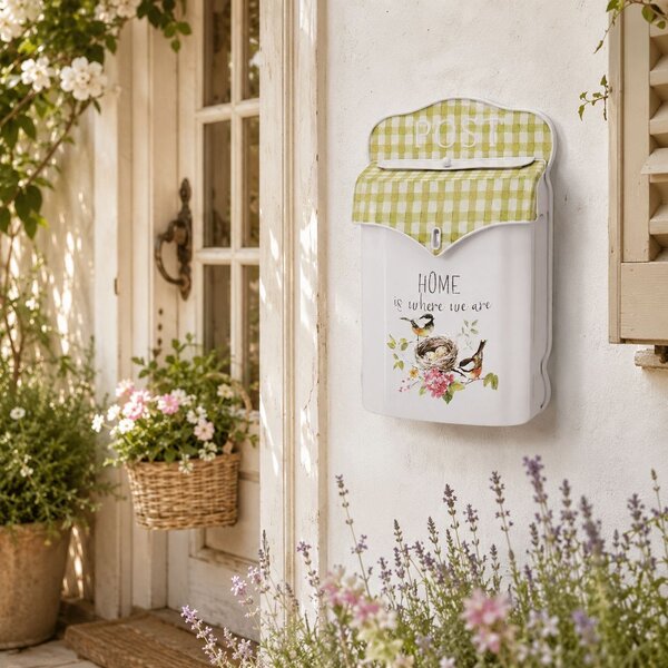 Biela antik poštová schránka s vtáčikmi Home - 24*10*35 cm - Clayre & Eef