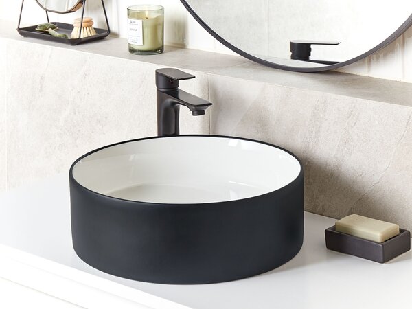 Kúpeľňové umývadlo na dosku čierne keramické lesklé 40 cm okrúhle moderný štýl kúpeľňa
