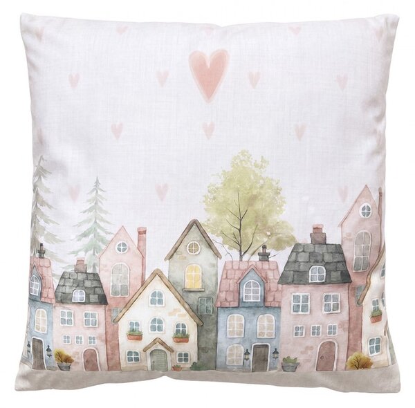 Béžový vankúš so srdiečkami a domčekmi Hearts & Houses - 45*45*4 cm - Clayre & Eef