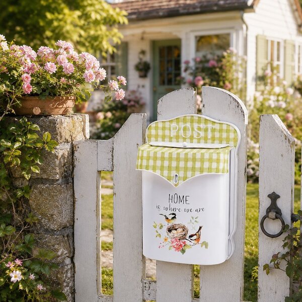 Biela antik poštová schránka s vtáčikmi Home - 24*10*35 cm - Clayre & Eef