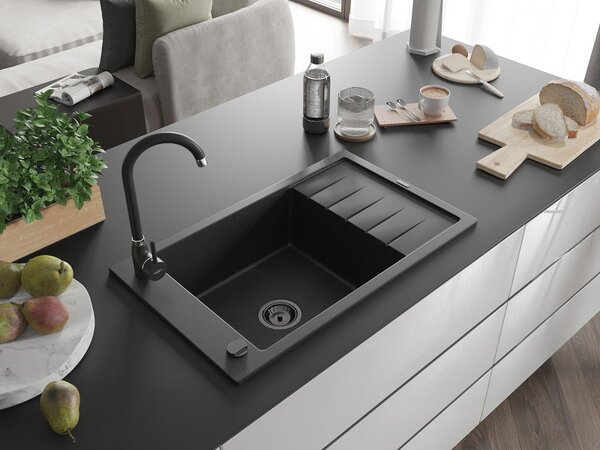 Mexen Elias, granitový drez granitový 795x480x200 mm, 1-komorový, čierna-strieborná metalíza s čiernym sifónom, 6511791005-73-B