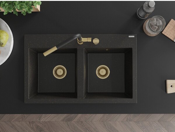 Mexen Hektor, 2-komorový granitový drez 800x480x205 mm, čierna-zlatá metalíza, zlatý sifón, 6521802000-75-G