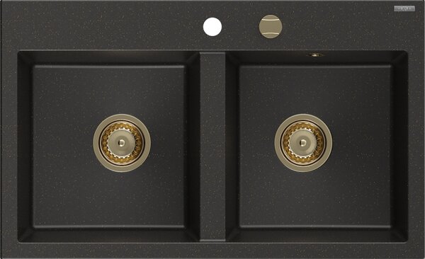 Mexen Hektor, 2-komorový granitový drez 800x480x205 mm, čierna-zlatá metalíza, zlatý sifón, 6521802000-75-G