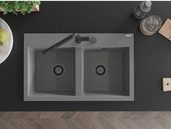 Mexen Hektor, 2-komorový granitový drez 800x480x205 mm, šedá, grafitový sifón, 6521802000-71-B