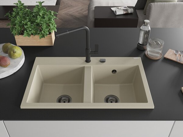 Mexen Hektor, 2-komorový granitový drez 800x480x205 mm, béžová, grafitový sifón, 6521802000-69-B