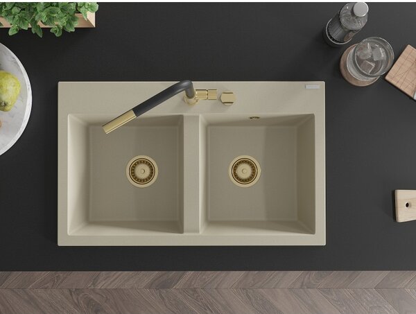 Mexen Hektor, 2-komorový granitový drez 800x480x205 mm, béžová, zlatý sifón, 6521802000-69-G