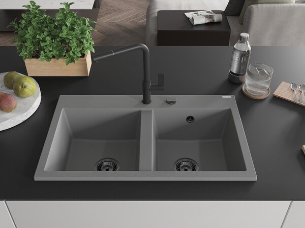 Mexen Hektor, 2-komorový granitový drez 800x480x205 mm, šedá, grafitový sifón, 6521802000-71-B