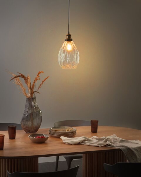 Závesná lampa priehľadná sklo kov sklenené tienidlo na strop osvetlenie moderný industriálny štýl kuchyňa jedáleň