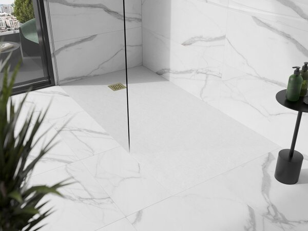Mexen Stone+, obdĺžniková vanička z minerálneho kompozitu 160 x 70 cm, biela, zlatá lesklá krytka, 44107016-G