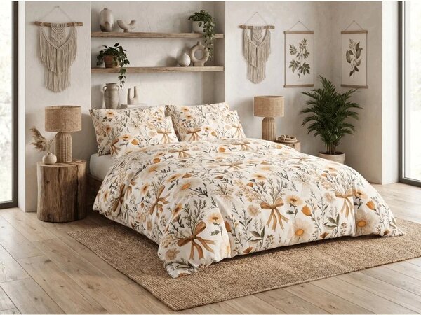 Sada krepových obliečok FLORAL RIBBON POLY farebné + plachta Jersey 180 x 200 cm svetlobéžové, dvojlôžko