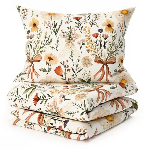 Sada krepových obliečok FLORAL RIBBON POLY farebné + plachta Jersey 180 x 200 cm svetlobéžové, dvojlôžko