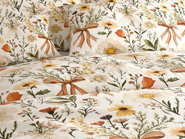 Sada krepových obliečok FLORAL RIBBON POLY farebné + plachta Jersey 180 x 200 cm svetlobéžové, dvojlôžko