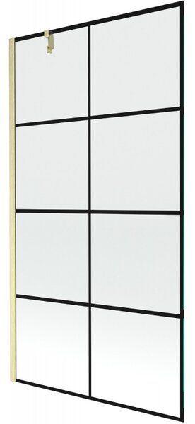 Mexen Next, 1-krídlová vaňová zástena 100 x 150 cm, 6mm číre sklo - čierny vzor, zlatá matná, 895-100-000-00-77-55