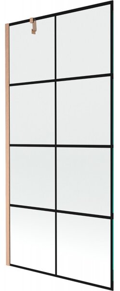 Mexen Next, 1-krídlová vaňová zástena 90 x 150 cm, 6mm číre sklo - čierny vzor, medená matná, 895-090-000-00-70-77
