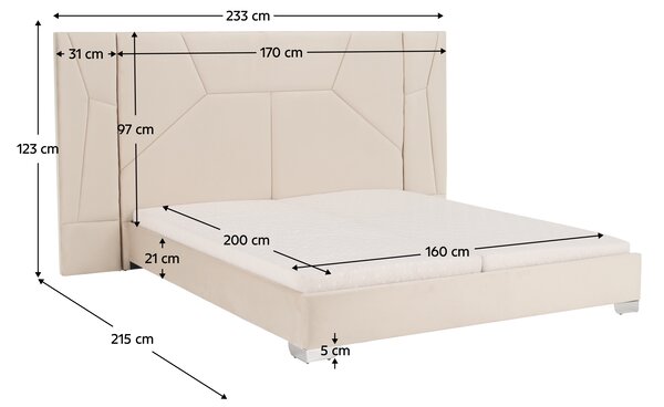 KONDELA Posteľ s roštom a LED osvetlením, 160x200, béžová Velvet látka, ALTESA