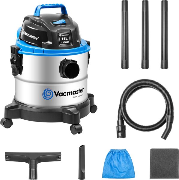 Vacmaster VQ1115S Vysávač na mokré a suché vysávanie, priemyselný vysávač, vysávač s funkciou fúkania, vysávač na suché a mokré vysávanie bez vrecka, 1100 W, 15 l