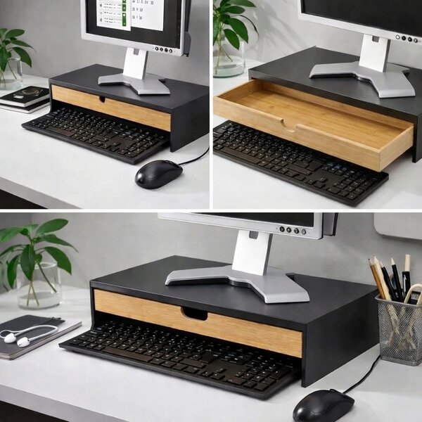 VERK GROUP Podstavec pod monitor / notebook so zásuvkou, bambus/čierna, 47 x 26 x 10 cm BLACKBE