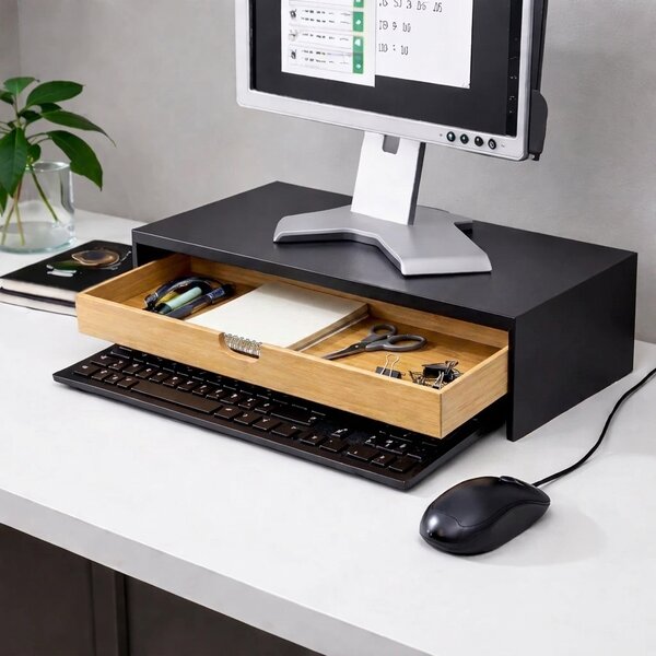 VERK GROUP Podstavec pod monitor / notebook so zásuvkou, bambus/čierna, 47 x 26 x 10 cm BLACKBE