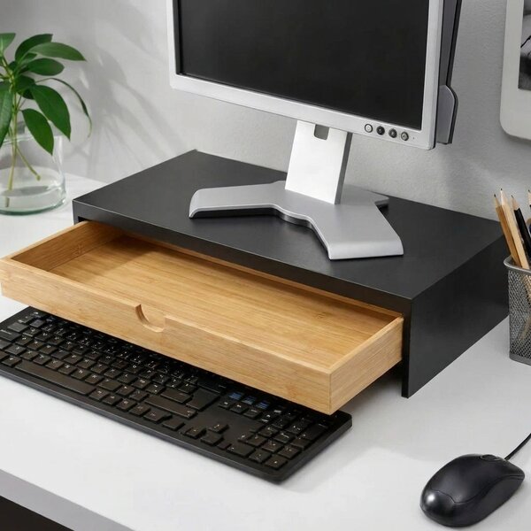 VERK GROUP Podstavec pod monitor / notebook so zásuvkou, bambus/čierna, 47 x 26 x 10 cm BLACKBE